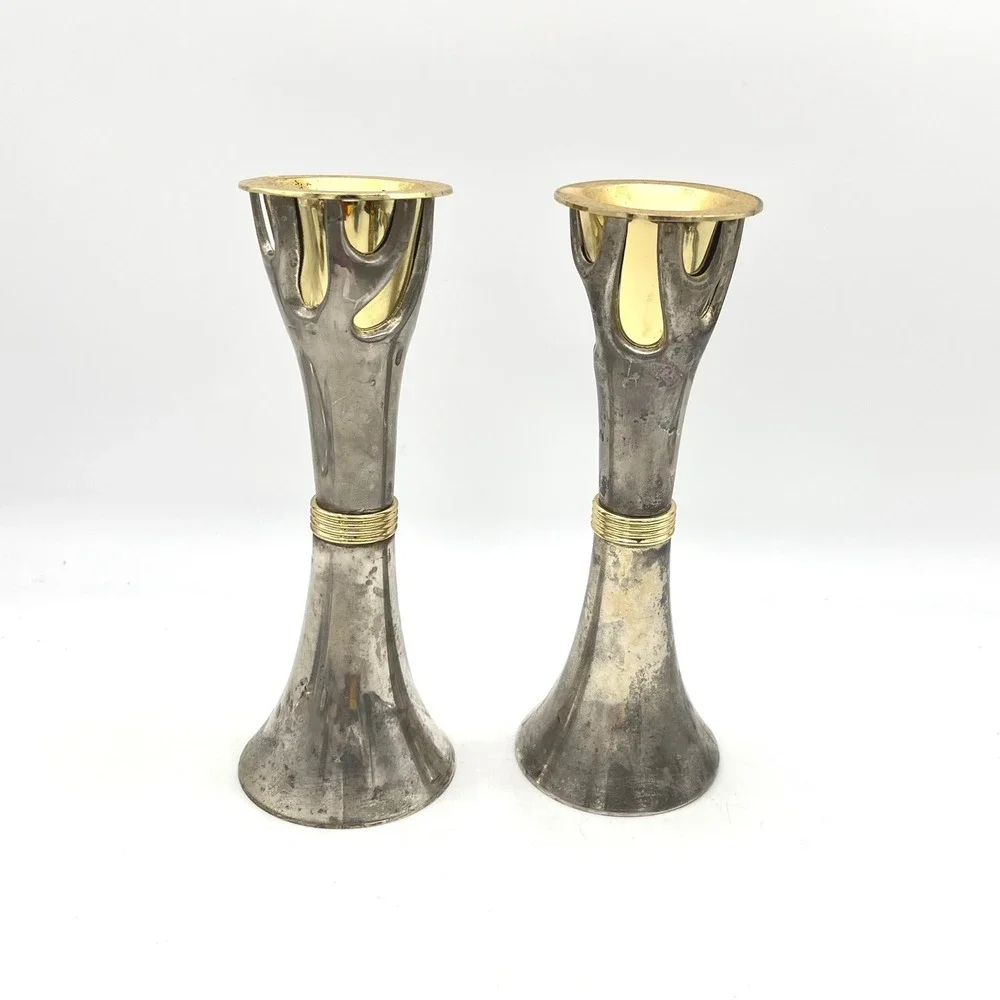 Vintage Tree of Life Mixed Metal Candlesticks Silver Gold‎ Tone Set of 2 8